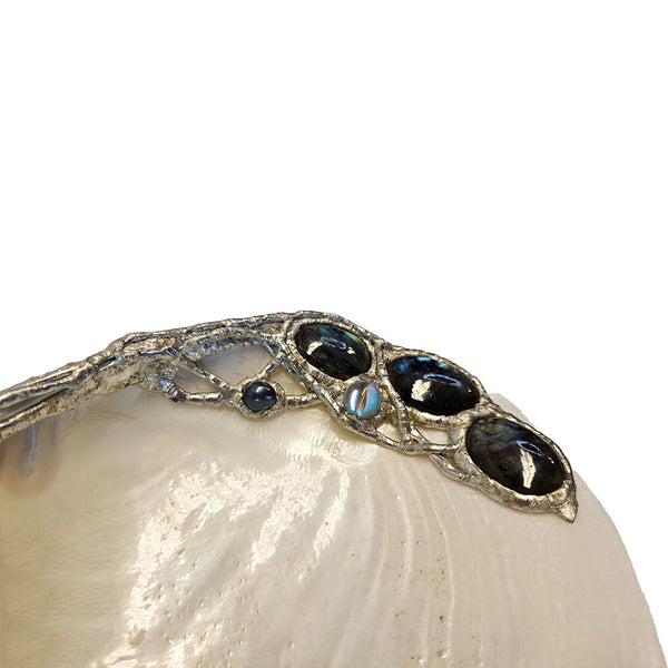 River clam shell jewelry dish with labradorite right close up view