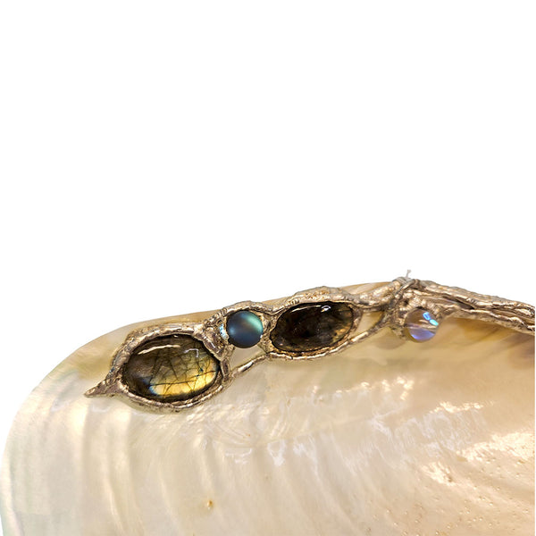 River clam shell jewelry dish with labradorite left closeup view