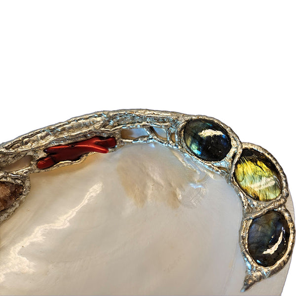 River clam shell jewelry dish with amethyst, labradorite, red branch coral and mermaid tears right view