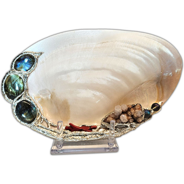 River clam shell jewelry dish with amethyst, labradorite, red branch coral and mermaid tears display view