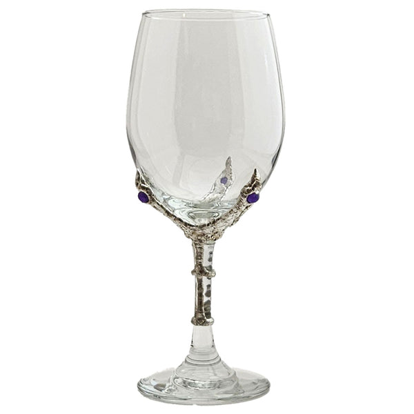 20 oz white wine glass is gripped by our popular dragon's claw design with 3 amethyst balls at the top of each clawed finger.