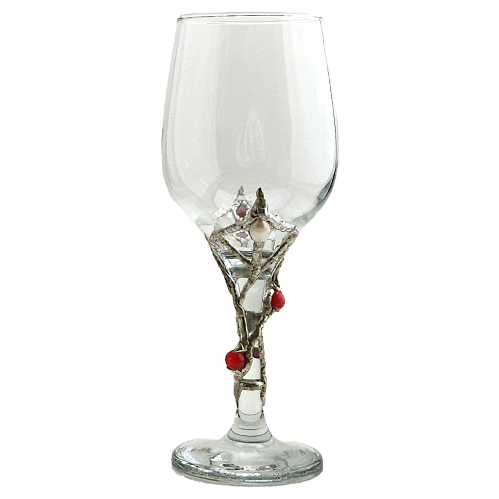 Our leaf flower design on a 20 oz white wine glass is set with three cherry quartz balls and a white pearl. Lovely and special for any special occasion, even watching a great movie. Front view