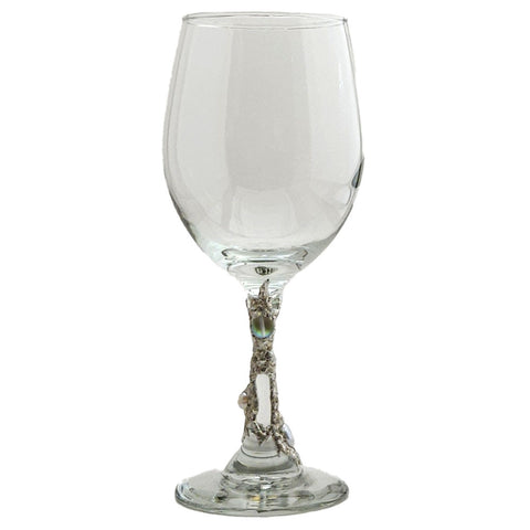 Another wine glass created with mermaid tear bead with a rainbow of colors when held to a light. This 20 oz white wine glass also is adorned with two small white pearls and a white coin pearl. Bedazzling and perfect for a favorite wine. Front view