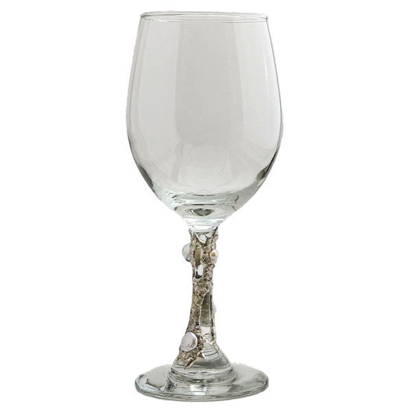 Another wine glass created with mermaid tear bead with a rainbow of colors when held to a light. This 20 oz white wine glass also is adorned with two small white pearls and a white coin pearl. Bedazzling and perfect for a favorite wine. Back view