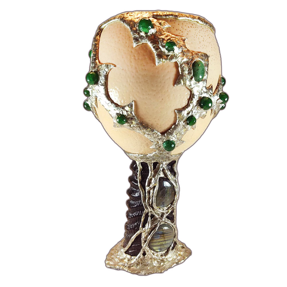 Ostrich egg goblet with emeralds and labradorite