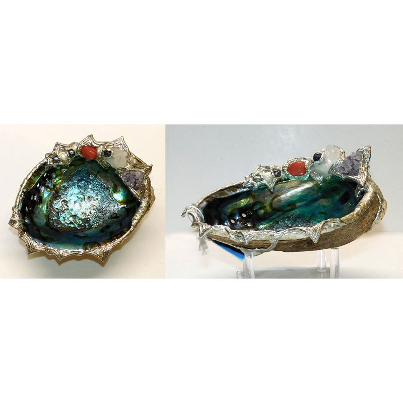 Abalone shell jewelry bowl with amethyst, quartz and pearls