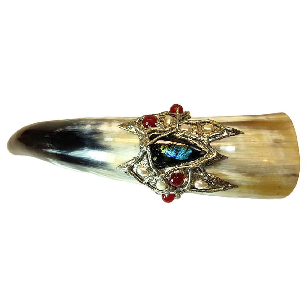 drinking horn with rubies, pearls and labradorite front view