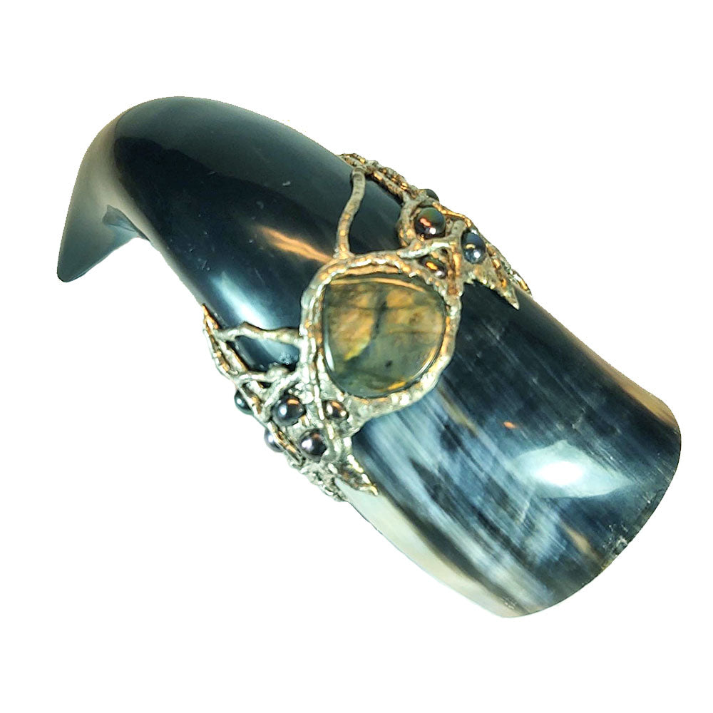 Warer buffalo drinking horn with rubies, black pearls and labradorite