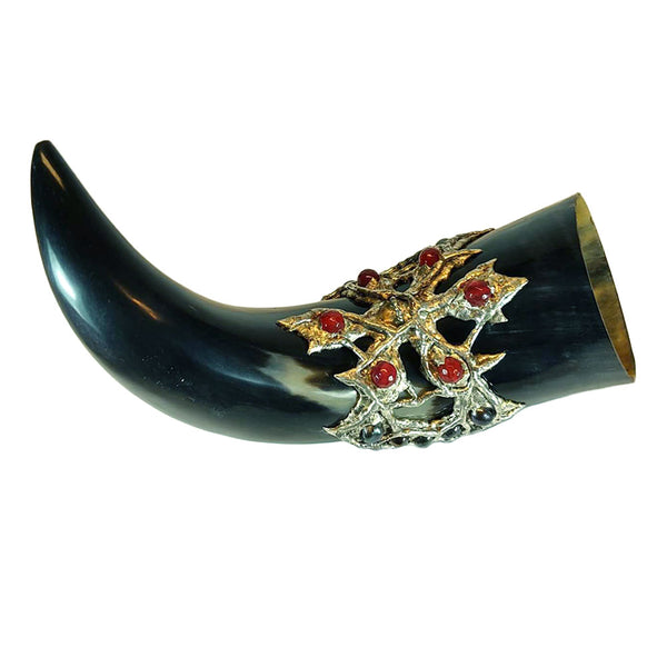 Water buffalo drinking horn with rubies, black pearls and labradorite. Back view