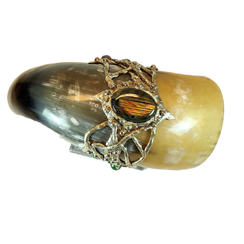 Water buffalo drinking horn with labradorite, emeralds and amethysts