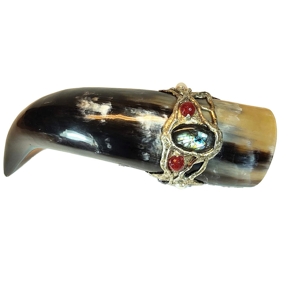 Drinking horn with rubies, white and blak freshwater pearls and a labradorite cabochon
