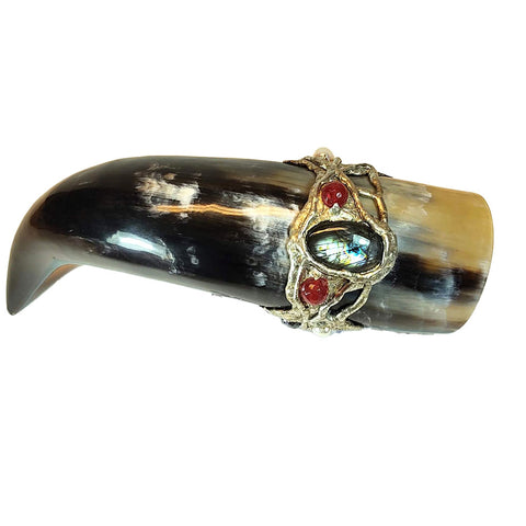 Drinking horn with rubies, white and blak freshwater pearls and a labradorite cabochon