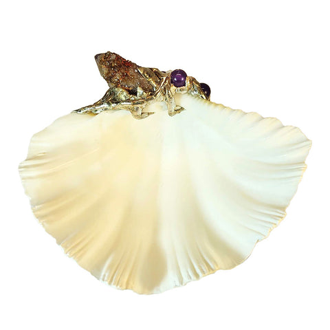 Amethyst spirit quartz on a clam shell with three amethyst beads