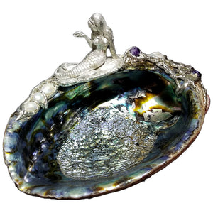 Magical mermaid abalone shell jewelry bowl with labradorite, pearls and amethyst