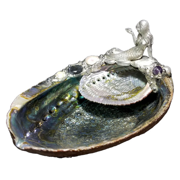 Mermaid on a double abalone shell jewelry bowl. Amethyst ball, freshwater white pearls and a labradorite 