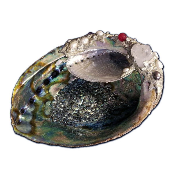 double abalone shell jewelry bowl pearls. quartz and ruby