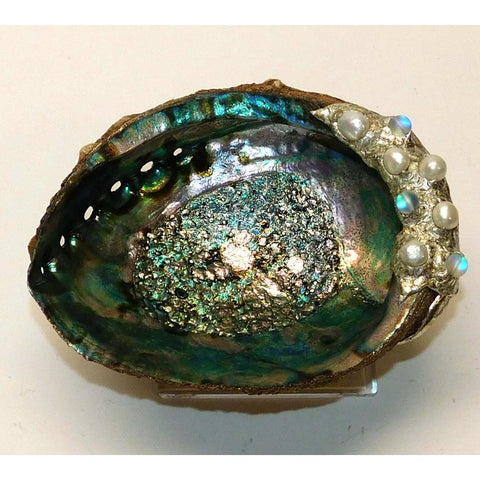 Abalone shell jewelry bowl with white pearls and ghost beads