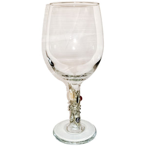 white wine glass with pearls, ruby and emerald